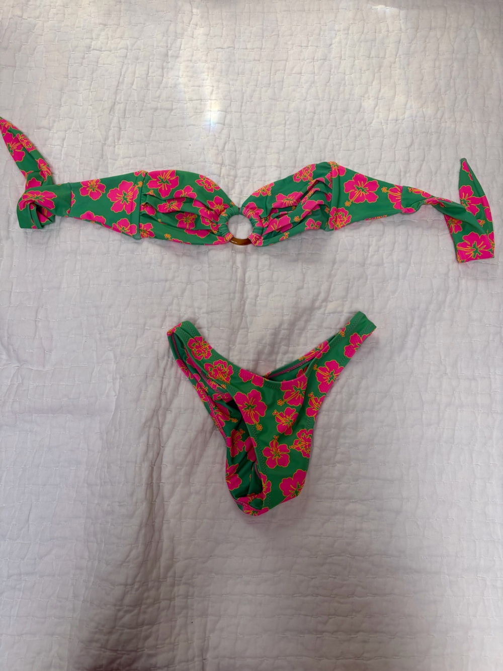 Kulani kinis size small bundle Green Floral Bikini Set with Pink Hibiscus Print